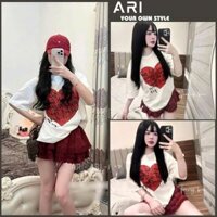 XẢ KHO - Set váy nữ điệu đà, Áo phông tim đỏ mix chân váy xếp ly viền ren ngọt ngào - ARI