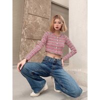 XẢ KHO THANH LÝ Áo thun sọc croptop cài nút tay dài