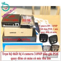 "XẢ KHO" Trọn bộ 4 CAMERA IP 3.0 MP quay đêm có màu có míc thu âm đầu ghi 10 kênh POE cắm là chạy