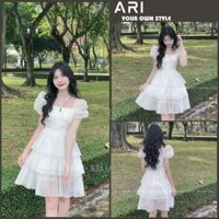 XẢ KHO - Váy babydoll cổ yếm xếp tầng có mút ngực, Đầm voan tơ bo chun lưng siêu đẹp - ARI
