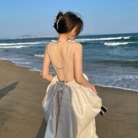 [XẢ KHO] Váy đi biển trắng maxi xòe rộng sexy đi tiệc  2 dây dáng dài Hàn Quốc hở lưng sexy khoe lưng 1011 DK1T101