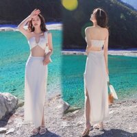 [XẢ KHO] Váy nữ trắng đi biển du lịch dáng dài sang trọng kiểu Hàn Quốc maxi tiểu thư thanh lịch 8139 T14T2