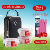 [XẢ KHO]Bộ 3 hộp đựng cơm thủy tinh COBA'COOK 400ml hình tron 400ml túi simili giữ nhiệt - CCR43LS