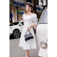 [Xả Lỗ] Váy Thiết Kế Trắng, Váy Đầm Xoè Trắng tay bồng cổ vuông, Đầm Lụa Dự Tiệc Tay Lỡ Dáng Xòe Phong Cách Tiểu Thư