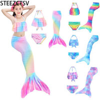 Xác thực 100% 3 Cái / bộ Bé Gái Trẻ Em Đồ Bơi Đuôi Sling Crop Tops Quần Lót Màu Gradient Đồ Bơi Cho 3-12 Tuổi