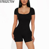 Xác thực 100% Áo Liền Quần Nữ Mùa Hè Tay Ngắn Cổ Vuông Tập Yoga Tập Gym Bodycon Jumpsuit Màu Trơn Cao Cấp Tập Luyện Jumpsuits