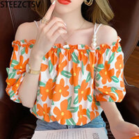 Xác thực 100% Áo Sơ Mi Nữ Voan Tắt Vai Tay Ngắn Áo Ngọt Ngào Mùa Hè In Hoa Áo Sơ Mi