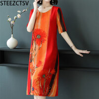 Xác thực 100% Đầm Nữ Ice Silk Tay Ngắn Cổ Tròn Trên Đầu Gối Hoa Lớn In Váy Rời