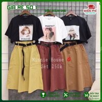 XẢ_KHO [Ảnh thật ] Set Bộ, Set Áo Phông Hình + Chân Váy Kaki Kèm Đai Siêu Xinh FREE_SHIP