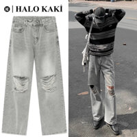 XÁM ÁNH KIM RÁCH/TRƠN - Quần jeans wash ống rộng wide leg phủ gót chùm giày unisex quảng châu cao cấp HALO KAKI