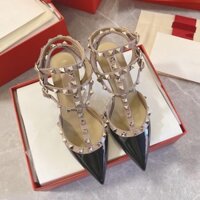 Xăng đan bít mũi đinh tán Giày đế bằng ba vòng miệng nông mũi nhọn thời trang mùa hè mẫu mới năm 2025 gót cao cho nữ