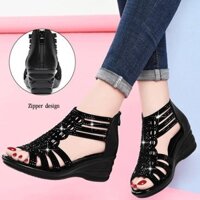 Xăng đan Nữ HLQ Nêm Peep Toe Dép Kim Cương Giả Rỗng Dây Kéo Màu Trơn Dép