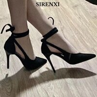 Xăng đan SIRENXI, Giày Da Lộn Đen, Dây Đeo Chữ Thập Retro Thanh Lịch 6 / 9cm Xăng đan Giày Cao Gót Cho Nữ