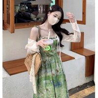 Xanh Hoa Sling Đầm Nữ Mùa Hè Dopamine Đi Biển Phong Cách Đi Biển Váy Dài Chống Nắng Phù Hợp Với