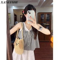 XANLYSHE Áo thun nữ Áo sơ mi kẻ sọc Hàn Quốc có móc nối ​​Áo vest hai mảnh ren giả