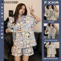 XANLYSHE Doremon Bộ Đồ Ngủ Nữ Hoạt Hình Mới In Hình Mỏng Ve Áo Cardigan Tay Ngắn Homewear Phù Hợp Với