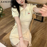 XANLYSHE Hoa Văn Anh Đào POLO Áo Đại Học Sữa Ngọt Nóng Cô Gái Dây Rút Xếp Ly Eo Nhỏ Tình Yêu Đầu Tiên Váy