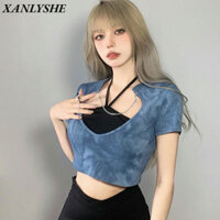 XANLYSHE Waneca Blue Chain Splice Slim Fit Áo thun ngắn tay nữ + Dây đeo cổ Áo hai mảnh