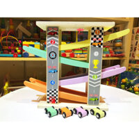 Xe cầu trượt lớn có gara ô tô đậu xe phía trên cho bé đồ chơi gỗ