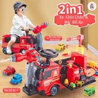 Xe Chòi Chân Cứu Hỏa Phun Nước Tích Hợp Bãi Đậu Xe 2 Trong 1, Xe Tập Đi Xe Thăng Bằng Cho Bé Có 4 Xe Ô Tô Đi Kèm Thú Vị