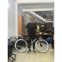 Xe Đạp Fixed Gear Đùm Nhôm Đạp Lùi Hai Chiều Màu Đen Bóng Vành Trắng (Tặng kèm Dây Strap)