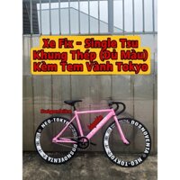 Xe Đạp Thể Thao Fix Gear Và Single Tsunami Khung Thép Màu Hống Phấn Kèm Tem Vành Tokyo (Kèm Đồ Lắp Và Dây Strap)