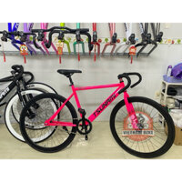 Xe đạp thể thao fixed gear tsunami & single speed hồng neon bánh đen ( Kèm dây strap và đồ lắp )