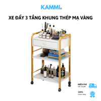 Xe Đẩy Gỗ 3 Tầng Khung Thép Có Ngăn Kéo Gỗ, Kệ Mạ Vàng 3 Tầng Để Đồ Spa Chắc Chắn