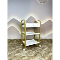 Xe Đẩy Gỗ 3 Tầng Khung Vàng Có Ngăn Kéo, Kệ Spa Gỗ Mạ Vàng Cao Cấp Đựng Đồ Chắc Chắn Xoay 360 Độ