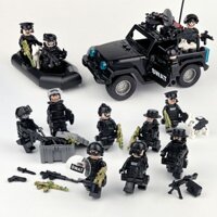 Xe jeep màu đen SWAT thuyền cao su nhỏ đồ chơi khối xây dựng trẻ em