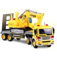 Xe mô hình đầu kéo chở xe cẩu xúc đồ chơi trẻ em có âm thanh và đèn xe bằng nhựa cao cấp