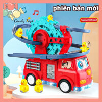 Xe ô tô đồ chơi cứu hỏa chở đường đua vịt leo thang cầu trượt có đèn nhạc cho bé