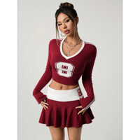 [Xem kĩ bảng size][Sẵn S,M] Set áo croptop tay dài cổ tim kèm chân váy dáng xoè dệt kim cạp trễ