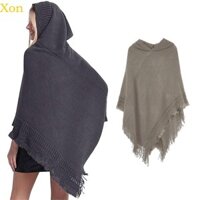 Xen Nữ Mùa Đông Đan Mũ Trùm Đầu Poncho Mũi Móc Viền Tua Rua Khăn Choàng Quấn Áo Len