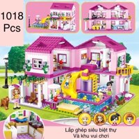 xếp hình đồ chơi con gái lắp ghép biệt thự siêu to có bể bơi cầu trượt với 1018pcs có vỏ hộp đựng như hình