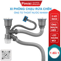 Xi Phông Chậu Rửa Chén Bát 2 Hốc Phi 110 Pimisi Cao Cấp Đầu Bầu Inox 304 - Dùng Để Xả Thải Nước Chậu Rửa Bát Đôi Dập Đúc Loại Ống Thải Nước To Bằng Nhựa Chun Uốn, Bầu Chống Mùi Hôi Và Giảm Dầu Mỡ Xuống Ống Dẫn - Có Đầu Thoát Tràn  Hàng Chính Hãng