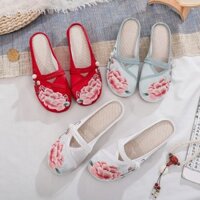 Xiahan Đầu Tròn Khóa Phong Cách Trung Hoa Dép Thêu Hàng Ngày Hộ Gia Đình Vải Dép Vải Satin