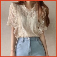 Xian Áo sơ mi ren cổ tròn tay ngắn phong cách Hàn Quốc, Áo kiểu công sở nữ phối ren lưới dáng croptop 131MS