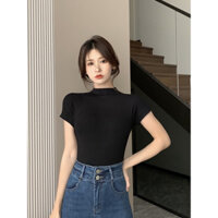 Xian Áo Thun Nữ Tay Ngắn Cổ Lọ Dáng Ôm Cực Tôn Dáng, Áo Thun Nữ Màu Trơn Ôm Body Cổ Cao Hàng Quảng Châu 054M