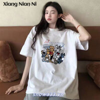 Xiang NIAN NI Áo thun ngắn tay phong cách Hồng Kông dành cho nữ mùa hè dáng rộng phong cách Hàn Quốc hợp thời trang dành cho sinh viên phong cách Harajuku nửa tay giảm tuổi phong cách phương Tây ngọt ngào và mát mẻ