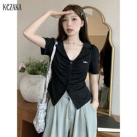 Xiang Nian Ni Xếp Ly Không Đều Thêu Peter Pan Cổ Áo Thun Tay Ngắn Nữ Slim Fit Giảm Béo Top