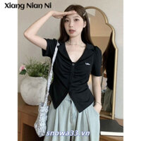 Xiang Nian Ni Xếp Ly Không Đều Thêu Peter Pan Cổ Áo Thun Tay Ngắn Nữ Slim Fit Giảm Béo Top