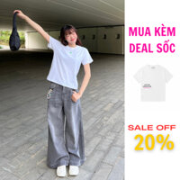 XIAO Jeans, quần jeans nữ ống rộng lưng thấp, màu xám Pamesan Studio