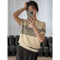 Xiaoma111 Phong Cách Mới Phiên Bản Hàn Quốc Cổ Tròn Tính Khí Retro Sọc Thêu Tay Ngắn Áo Giáp Nữ XPG