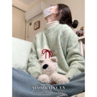 Xiaozhainv Áo len dài tay màu xanh lá cây dáng rộng Hàn Quốc hình gấu hoạt hình