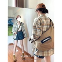 Xiaozhainv Áo sơ mi  họa tiết caro tay dài dáng rộng phong cách vintage cho nữ