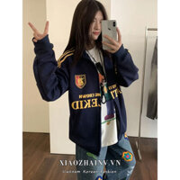 Xiaozhainv Retro Mỹ ba thanh in chữ zip-up áo khoác