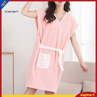 {Xiapimart} Khăn tắm có dây đai có thể điều chỉnh Khăn tắm thấm nước Áo choàng lông cừu san hô mềm có túi dành cho nữ Áo choàng tắm dài đến đầu gối thoáng khí Khăn có thắt lưng