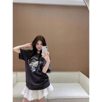 XIEBUROU Jisoo Kitty 100% cotton Áo thun màu xám bigsize cổ tròn ngắn tay unisex