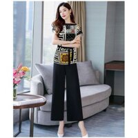 XIÊU MẪU THỜI TRANG SET ÁO CÁNH DƠI PHỐI NÚT CỘT EO IN HỌA TIẾT CHÂU ÂU + QUẦN ỐNG RỘNG : RẺ VÔ ĐỊCH